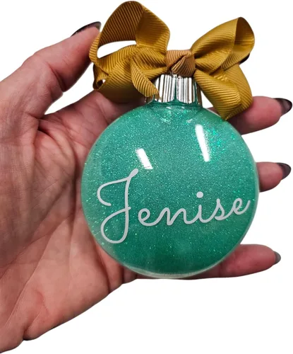 Vista 3 de Adorno de Navidad personalizado relleno de purpurina hecho a medida, regalo ideal para fiesta de intercambio de regalos de oficina (Aqua)