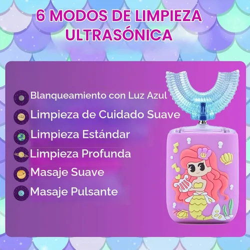 Vista 6 de Cepillo de dientes eléctrico en forma de U para niños, sirena, de 2 a 7 años Maglev Motor Sonic - Limpieza de boca completa con 5 cabezales