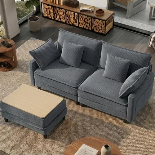 Vista 19 de Sofá de nube en forma de L de 73.5 pulgadas, sofá modular con mesa auxiliar otomana, sofá biplaza de pana con almohada, cómodo y moderno sofá