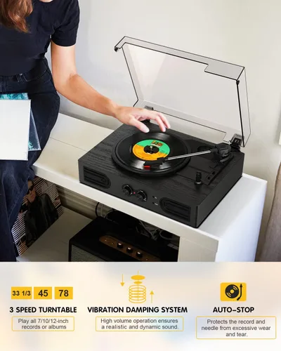 Vista 6 de Tocadiscos con altavoces integrados, control de agudos y graves, 33, 45, 78 RPM, reproductor LP impulsado por correa, tocadiscos de vinilo Bluetooth