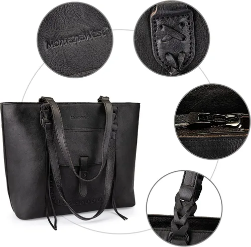 Vista 4 de Montana West Monederos de cuero genuino para mujer, bolsos Hobo con mango de herramientas y borlas