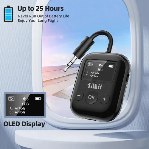 Vista 5 de 1Mii Airplane Bluetooth 5.3 Transmisor para todos los auriculares - Adaptador Bluetooth para TV - Conexión dual - aptX baja latencia - Flying