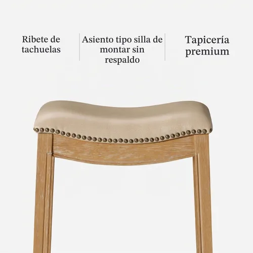 Vista 5 de Maven Lane Adrien Taburete de bar sin respaldo – Asiento de sillín de 31 pulgadas con reposapiés – Estructura de madera maciza color marrón