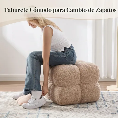 Vista 4 de Taburete otomano cuadrado, mesa de centro otomana Boucle con cobertura completa, taburete de tocador moderno, puf tapizado con reposapiés para Beige