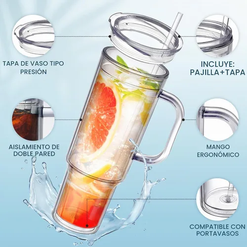 Vista 3 de Vaso de plástico de 40 onzas con asa y tapa de pajilla, vaso transparente, botella de agua de plástico reutilizable de doble pared al vacío, taza
