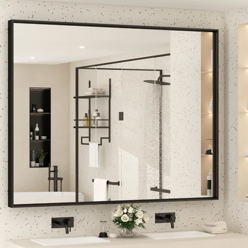 Vista 11 de Paquete de 2 espejos de baño con marco de metal negro de 22 x 30 pulgadas, espejo rectangular redondeado negro mate, antioxidante, se cuelga