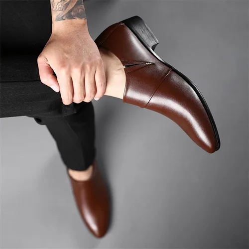 Vista 4 de Zapatos de vestir de esmoquin de cuero para hombre clásicos sin cordones formales estilo Oxford a la moda casual de cuero puntiaguda antideslizante