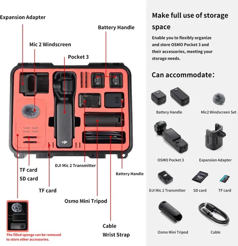 Vista 2 de OSMO - Funda rígida de bolsillo 3, almacenamiento portátil multifuncional para DJI Pocket 3 Creator Combo accesorios de cámara, impermeable, negro