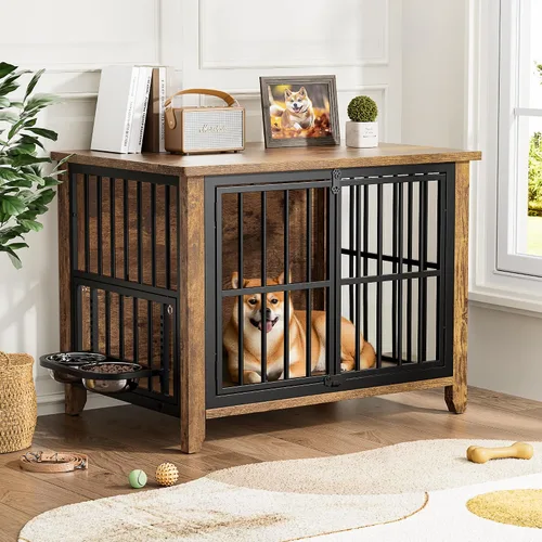 Vista 2 de Lulive Muebles de jaula para perros, 31.5 pulgadas de largo x 22.5 pulgadas de ancho x 25.6 pulgadas de alto, marrón