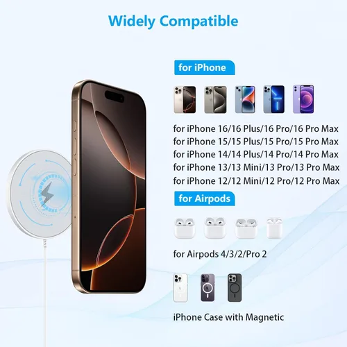 Vista 5 de [Certificado MFi de Apple] Cargador inalámbrico magnético para iPhone 16 Pro Max/16 Pro/15/14/13/12/Plus/AirPods 3/2/Pro 2, carga magnética de 6