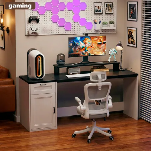 Vista 7 de HUAHUU Escritorio ejecutivo de granja de 63 pulgadas con cajones, escritorio moderno para computadora con tomas de corriente, escritorio de oficina