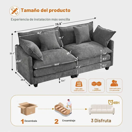Vista 2 de Juego de sofá de 77" de chenilla en forma de nube con cojines, sofá cama de asiento profundo para apartamentos, 2 plazas que ahorra espacio con Gris