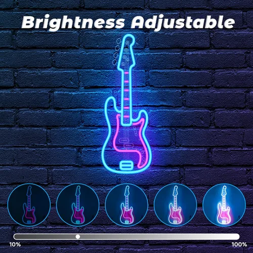 Vista 4 de CoolGift Mart Letrero de neón de guitarra bajo, luz LED regulable de guitarra bajo para decoración de habitación con alimentación USB, decoraciones