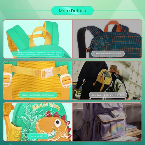 Vista 6 de Mochila infantil para niños de 1 a 3 años, mini mochila para niños, mochila preescolar para niños con correa de seguridad antipérdida, Dinosaurio