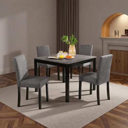 Vista 8 de Juego de mesa de comedor Trygoal para 5, juego moderno de 6 piezas para comedor con mesa rectangular, 4 sillas tapizadas con respaldo y un banco