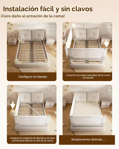 Vista 3 de 2 Barandillas de Cama de Tamaño Completo para Niños Pequeños, Sin Necesidad de Taladro, Protector de Barandilla de Cama para Bebé con Altura