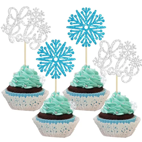Vista 8 de Gyufise 24 adornos de copos de nieve Oh Baby para cupcakes con purpurina azul, decoración de pastel de baby shower congelado para baby shower