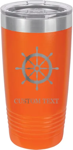 Vista 12 de 20-Ounce Vacuum Insulated Stainless Steel Tumbler Customized Double-Walled Laser Engraved Orange Coffee Mug, Ship Wheel, Personalized