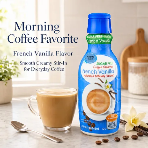 Vista 4 de Crema de café de vainilla francesa sin azúcar, botella de 32 onzas líquidas, crema líquida dulce y cremosa para café con cucharas de pala de café