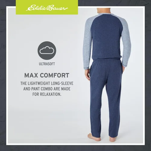 Vista 4 de Eddie Bauer Conjunto de pijama para hombre cómodo conjunto de camisa raglán y pantalones