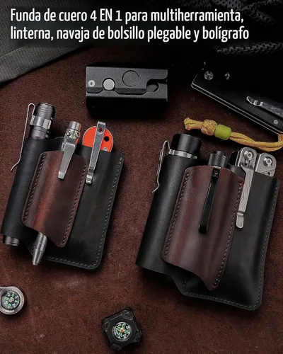 Vista 2 de VIPERAED PJ38 Funda multiherramienta de cuero para hombres, 4 en 1, organizador de bolsillo EDC para cuchillo de bolsillo, linterna multiherramienta