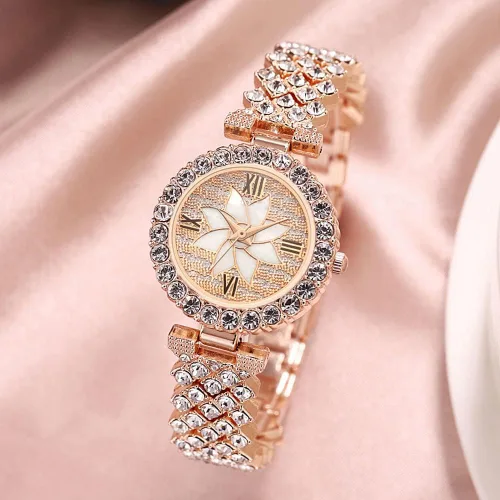 Vista 6 de ADSBIAOYE Relojes de pulsera de lujo para mujer, reloj de pulsera de diamante, reloj de cuarzo casual de moda para mujer 01 oro rosa.
