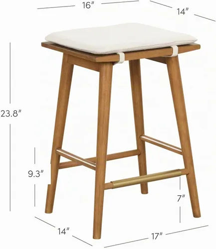 Vista 2 de Nathan James Barker Taburete de bar de altura de mostrador de madera maciza con cojín tapizado, taburete de isla sin respaldo con patas de madera
