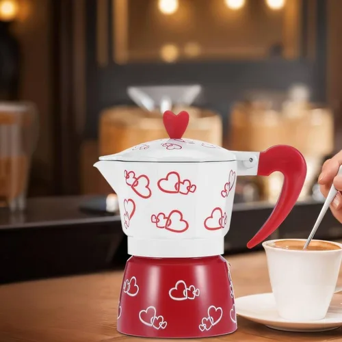 Vista 6 de HERCHR Red Heart - Olla moka de aluminio, cafetera para estufa con cafetera italiana ergonómica para camping, moka espresso (S)