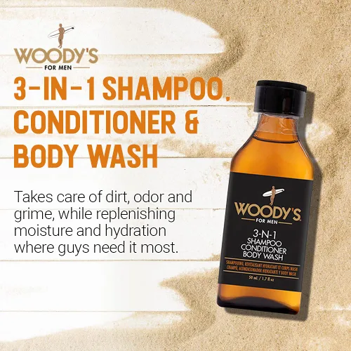 Vista 2 de Woody's Champú, acondicionador y gel de baño 3 en 1 para hombre, tamaño de viaje, limpiador refrescante multiusos esencial de aseo personal, 1.7