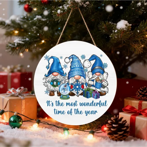 Vista 3 de Decoración de gnomos de Navidad para interiores, decoraciones de Navidad azules, muñeco de nieve, copo de nieve, rústico, granja, madera, placa
