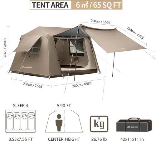 Vista 2 de BISINNA Tienda de campaña para 4 personas, tiendas de campaña familiares con lluvia completa, impermeable, grande, doble capa, glamping, tienda