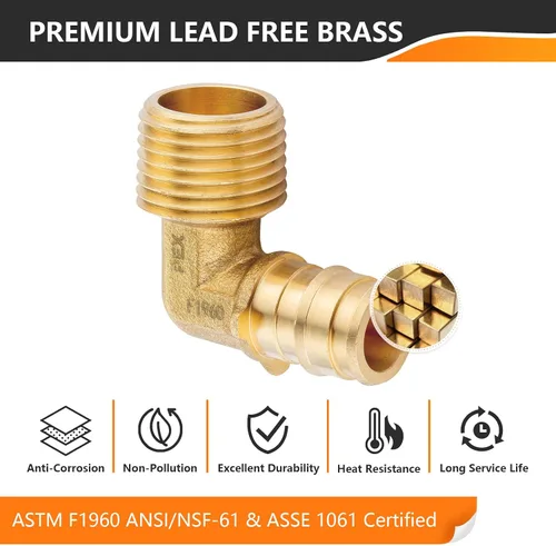 Vista 4 de 5 accesorios de expansión HeSun PEX A, codo NPT macho de 1/2" PEX-A x 1/2" Rosca macho PEX-A de latón Codo de 90 grados, ASTM F1960 (PEX1960097-5)