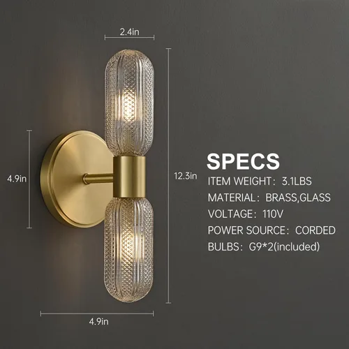 Vista 4 de Aplique de pared de latón cepillado, doble cristal moleteado, bombilla incluida 12.3in 2-Light Hardwired Wall Light,Perfect for Bathroom Living