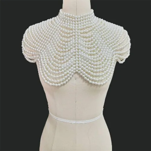 Vista 2 de Collar de gargantilla con cuentas de perlas de imitación para mujer, collar de chal de cadena para el cuerpo, Madera, Perla