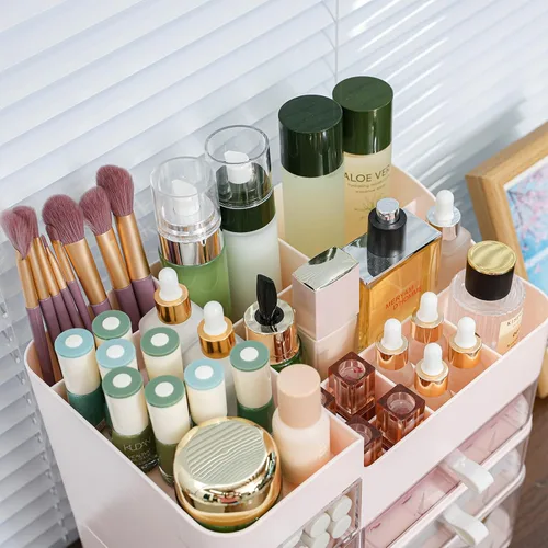 Vista 6 de SuoXing Organizador de maquillaje para tocador, organizador de maquillaje grande con 6 cajones para mostrador, organizador de almacenamiento de Rosa