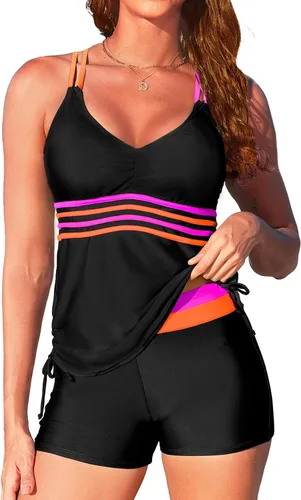 Vista 21 de Tempt Me Traje de baño tankini de dos piezas para mujer, traje de baño con control de abdomen y pantalones cortos atléticos