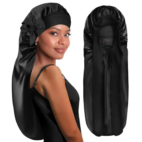 Vista 30 de BONNET QUEEN Gorro de Trenza de Seda Gorro Plegable Extra Largo para Trenzas con Banda de Atar, Capó de Satén Largo para Dormir, Verde Oscuro