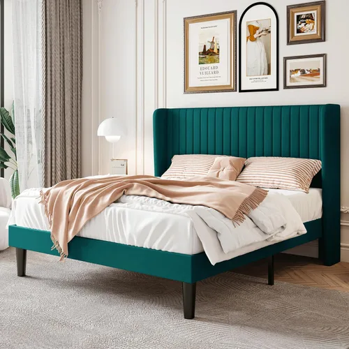 Vista 12 de SHA CERLIN - Marco de cama de terciopelo tamaño matrimonial, cabecera con alas copetudas, color negro 47'' Modern Vertical Channel Headboard