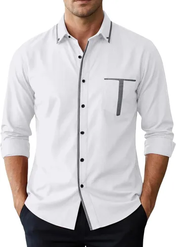 Vista 10 de Camisas de manga larga de algodón vintage para hombre, estilo casual, con botones, cuello en contraste