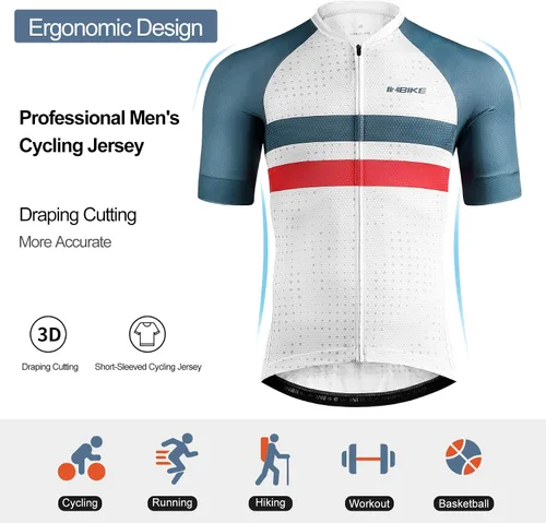 Vista 2 de INBIKE Maillot de ciclismo para hombre, 3 bolsillos traseros, absorbe la humedad, manga corta, secado rápido, reflectante, camisas de ciclismo