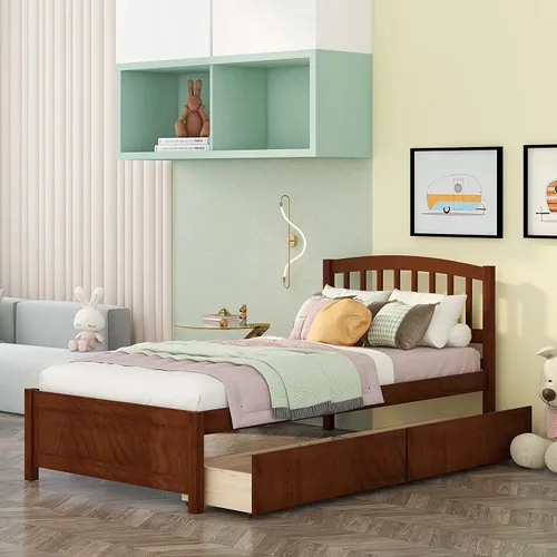 Vista 13 de Base de cama individual de madera maciza con cabecero y cajones, color espresso Espresso+cajones