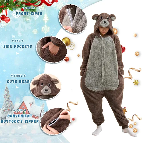 Vista 4 de Gowkou Pijama unisex de animal para adultos, disfraz de oso de franela, disfraz de Halloween, ropa de dormir para mujeres y hombres