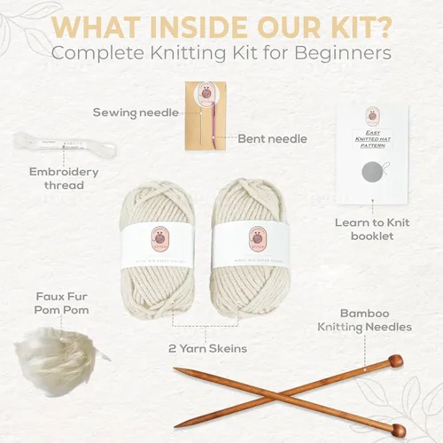Vista 3 de Kits de tejido para principiantes y adultos – Kit de tejer sombrero práctico y fácil de usar con hilo, agujas de tejer de bambú, pompón sintético