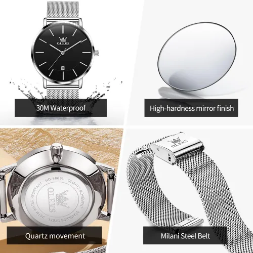 Vista 4 de OLEVS Mens Watches Minimalist Ultra Thin Fashion Casual Analog Quartz Date Watch Waterproof Slim Simple Big Face Dress Wrist Watch Leather Band for