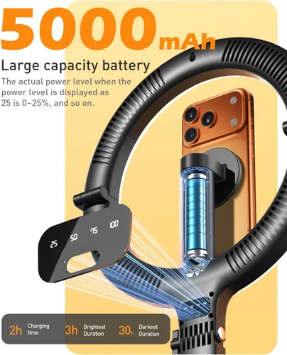 Vista 9 de CloudValley Soporte magnético para teléfono con anillo de luz de 10 pulgadas, trípode de escritorio de 5000 mAh con pantalla de batería, luz LED