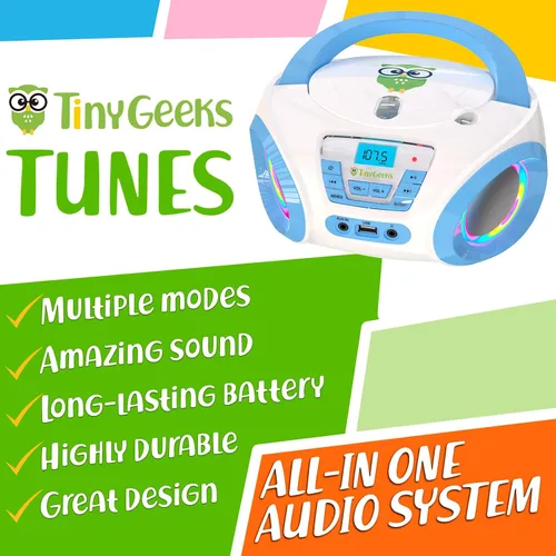 Vista 2 de TinyGeeks Tunes Reproductor de CD para niños Boombox - NUEVO 2023 - Radio FM - Baterías incluidas - Linda radio CD blanca con altavoces para niños