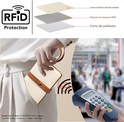 Vista 5 de Cartera pequeña para mujer, con bloqueo RFID, de piel vegana, delgada, plegable, para tarjetas de crédito, portapasaporte, cartera de viaje
