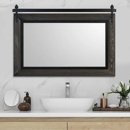 Vista 12 de Espejo de Puerta de Granero Estilo Granja, 32"x24" Espejo de Baño Rústico, Espejo de Pared con Marco de Madera, Espejo de Madera para Sala de Estar