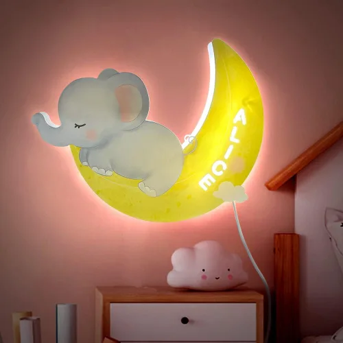 Vista 12 de Luz nocturna personalizada para niños, niñas, niños, lindo diseño de elefante y luna, con nombre grabado, lámpara de pared acrílica, regalos