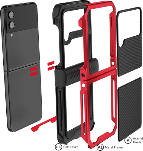 Vista 4 de Ghostek Atomic - Funda delgada para Galaxy Z Flip 4, parte trasera de aramida con parachoques de aluminio rojo, funda protectora de doble capa a